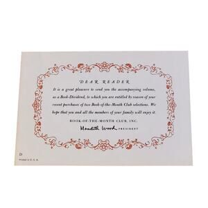 Vintage Book Of The Month Club Greeting Card From Meredith Wood Invitation